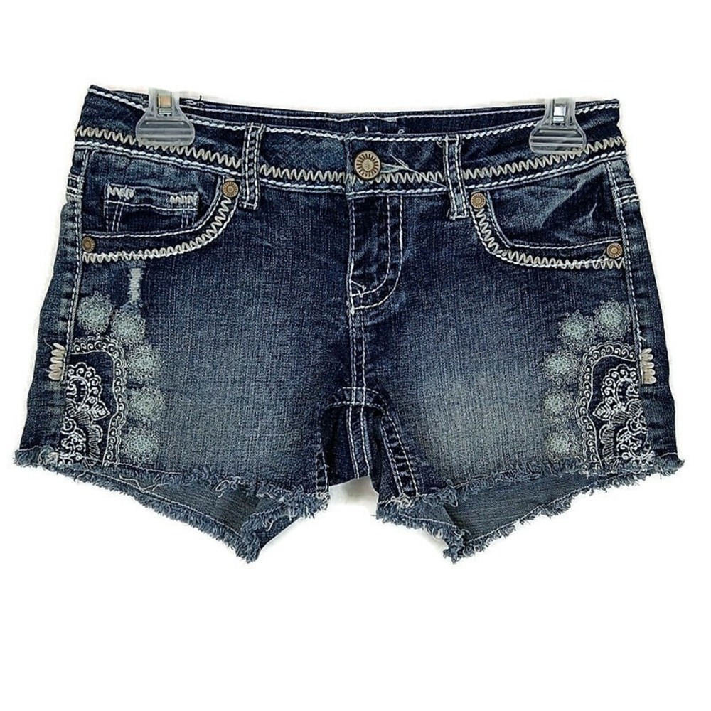 Maurices Denim Shorts Women's 2 Blue Embroidered Frayed Hem Low Rise Boho
